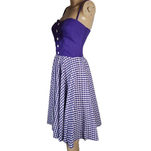 Hell Bunny Purple Checkered Gingham Fit & Flare Pinup Style Midi Dress - Picture 6 of 11